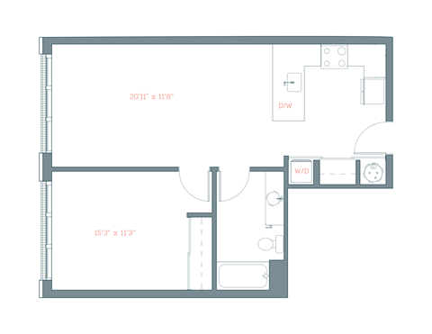 Floor plan for 1 bed, 1 bath, 690 sqft